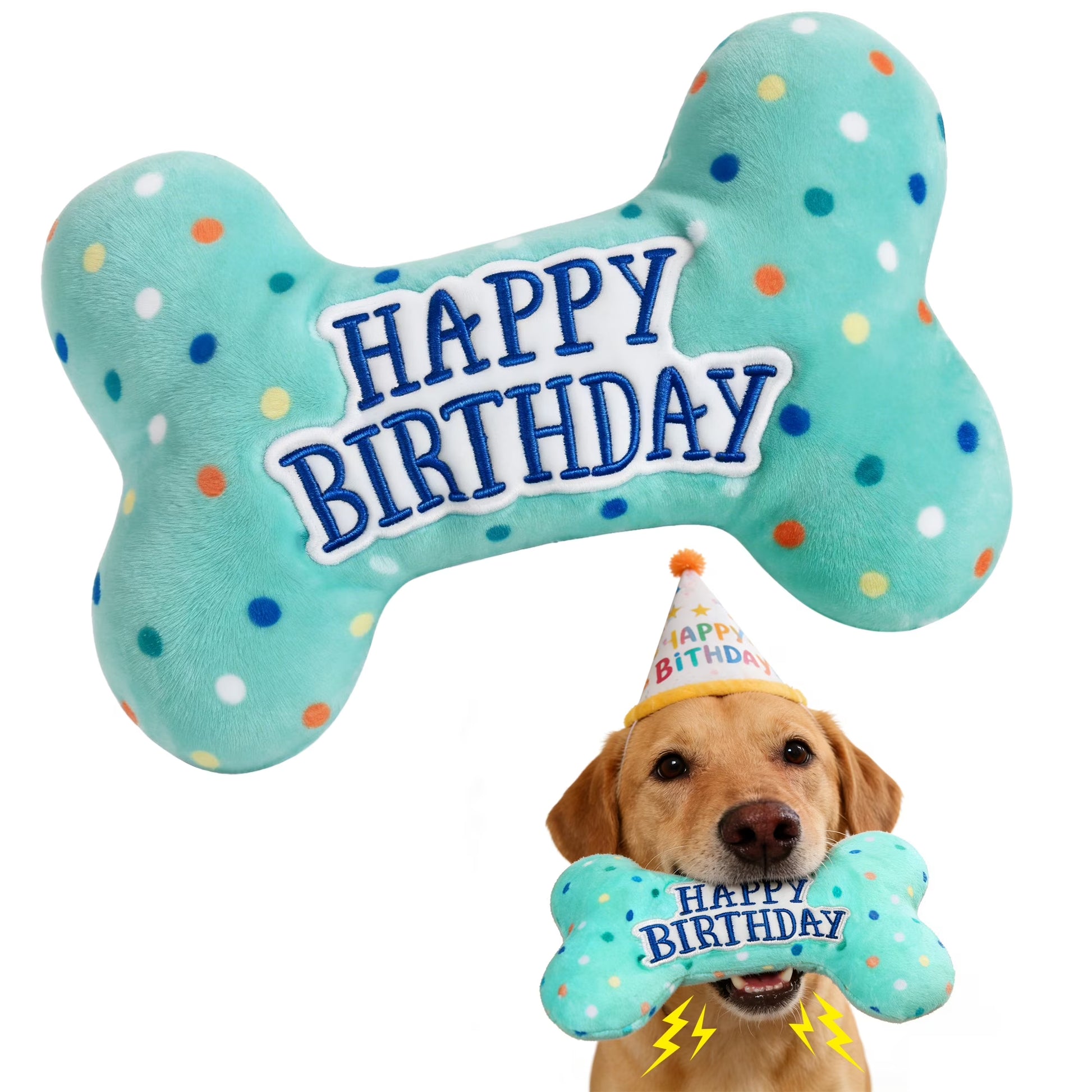 Dog Birthday Toys, Plush Dog Squeaky Toys, Dog Chew Toys Bone for Small Medium Large Dogs